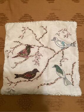 Anthology Embroidered Bird Throw Pillow Cover - Multi-Color on Cream 17”x17”